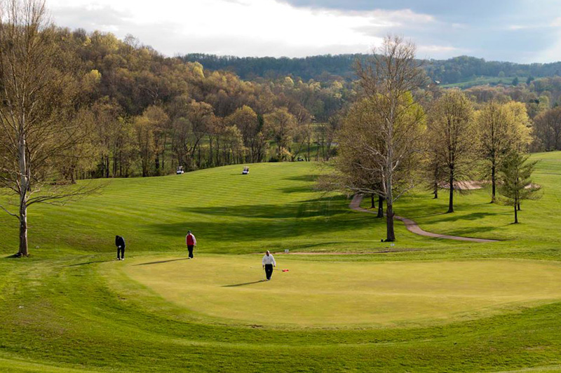 Golf course with players near hole