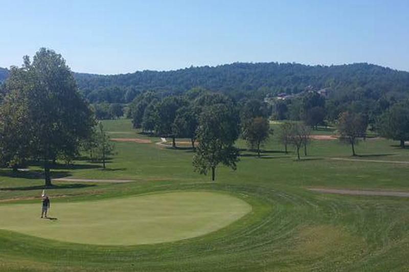 View of golf course green with trees and mountains